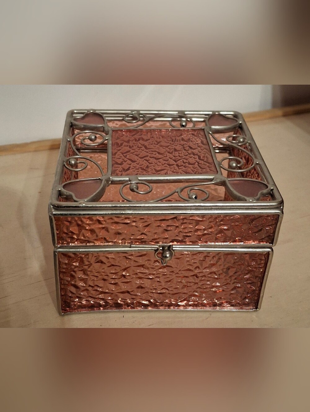 Vintage 90s rose-colored textured Glass Jewelry/trinket box, w/ heart details